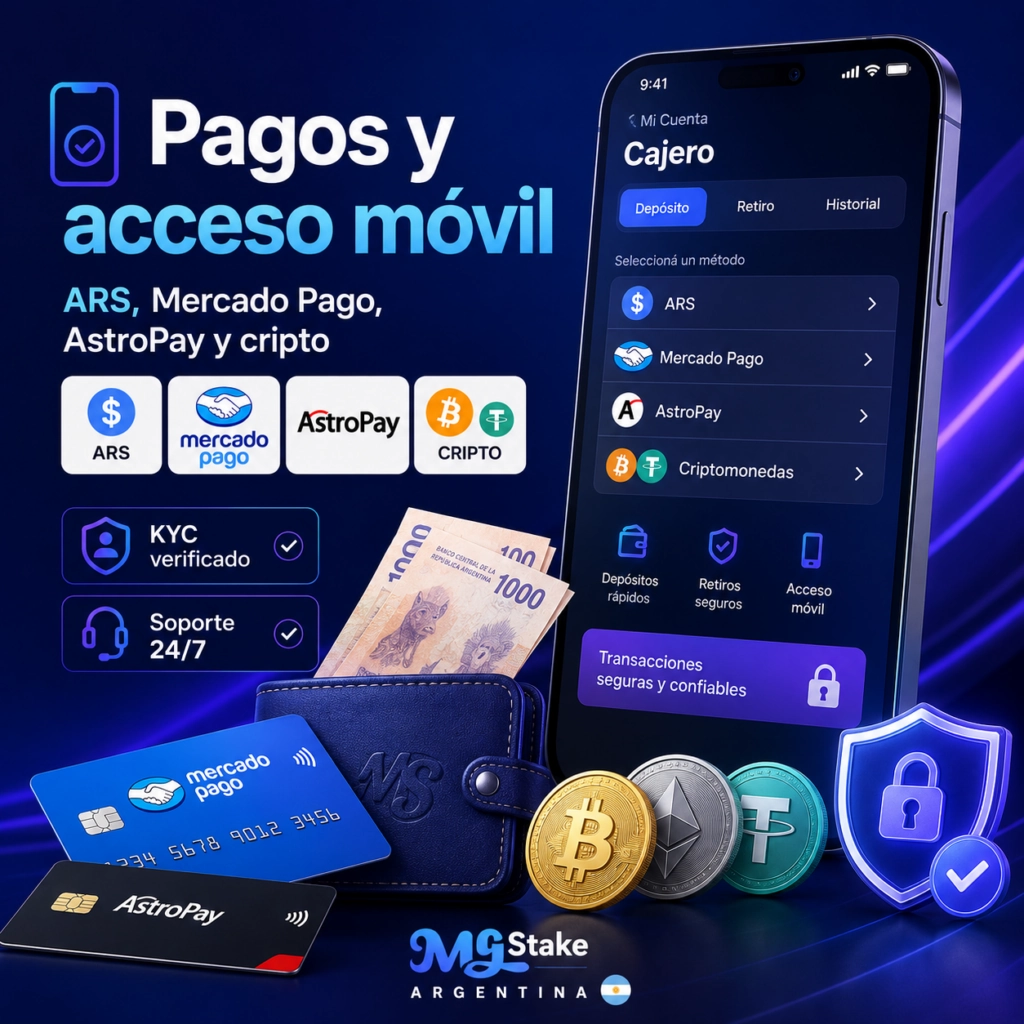 Pagos en Mystake con ARS, Mercado Pago, AstroPay, criptomonedas y acceso móvil